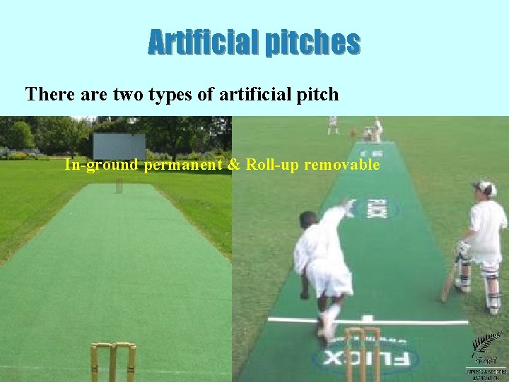 Artificial pitches There are two types of artificial pitch In-ground permanent & Roll-up removable