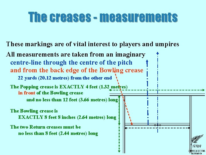 The creases - measurements These markings are of vital interest to players and umpires