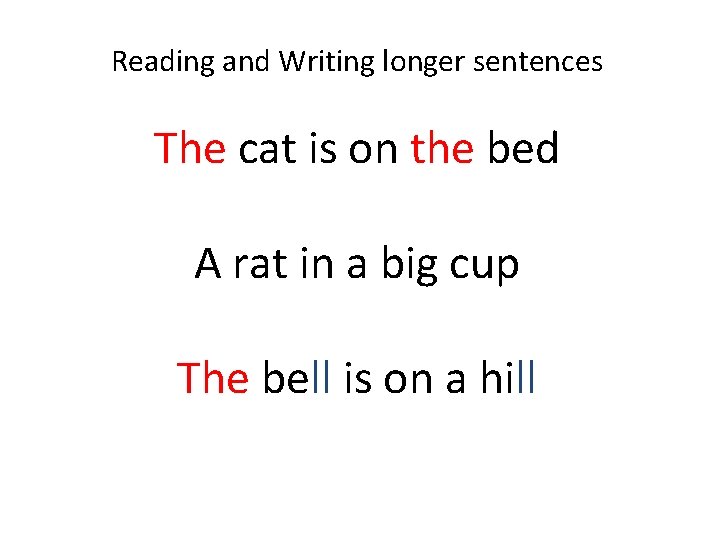 Reading and Writing longer sentences The cat is on the bed A rat in