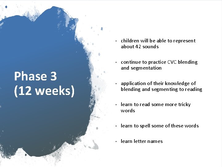 Phase 3 (12 weeks) • children will be able to represent about 42 sounds