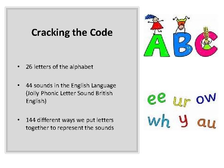 Cracking the Code • 26 letters of the alphabet • 44 sounds in the