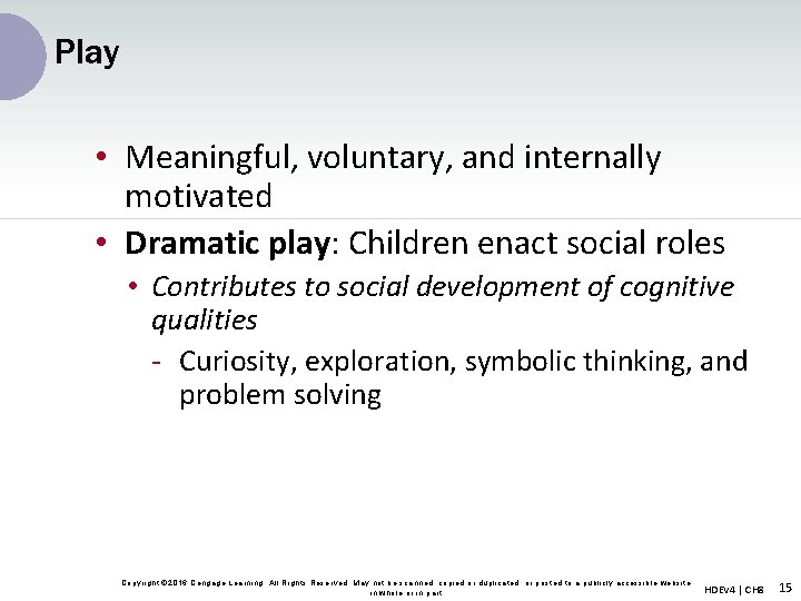 Play • Meaningful, voluntary, and internally motivated • Dramatic play: Children enact social roles