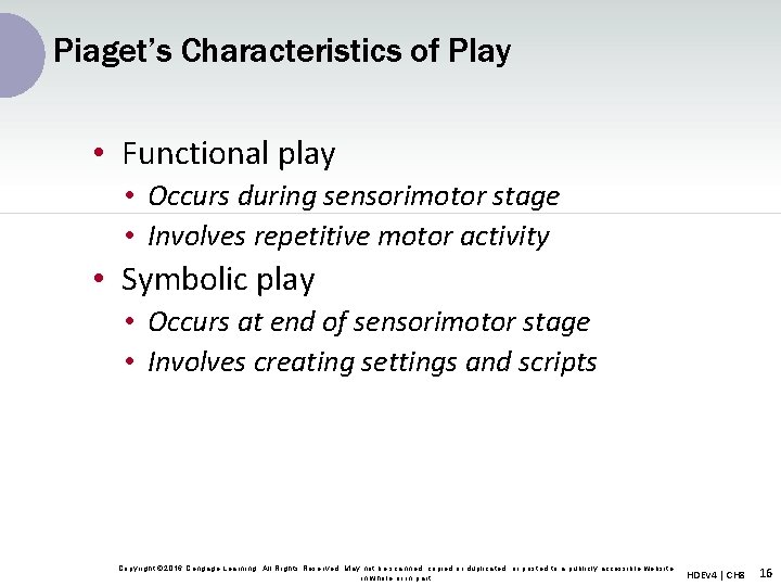 Piaget’s Characteristics of Play • Functional play • Occurs during sensorimotor stage • Involves