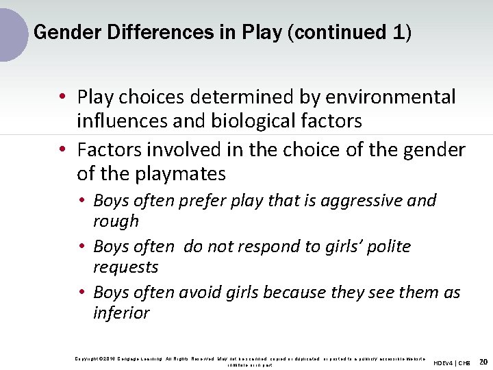 Gender Differences in Play (continued 1) • Play choices determined by environmental influences and