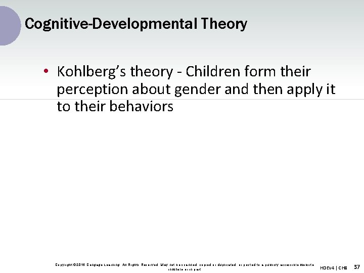 Cognitive-Developmental Theory • Kohlberg’s theory - Children form their perception about gender and then