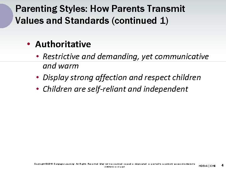Parenting Styles: How Parents Transmit Values and Standards (continued 1) • Authoritative • Restrictive