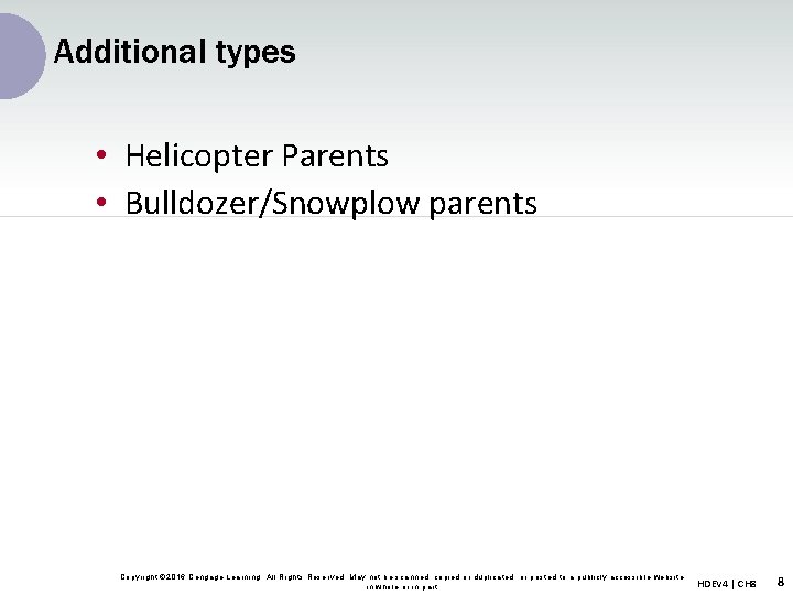 Additional types • Helicopter Parents • Bulldozer/Snowplow parents Copyright © 2016 Cengage Learning. All