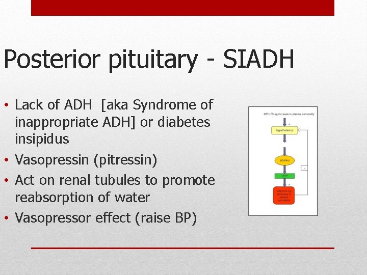 Posterior pituitary - SIADH • Lack of ADH [aka Syndrome of inappropriate ADH] or