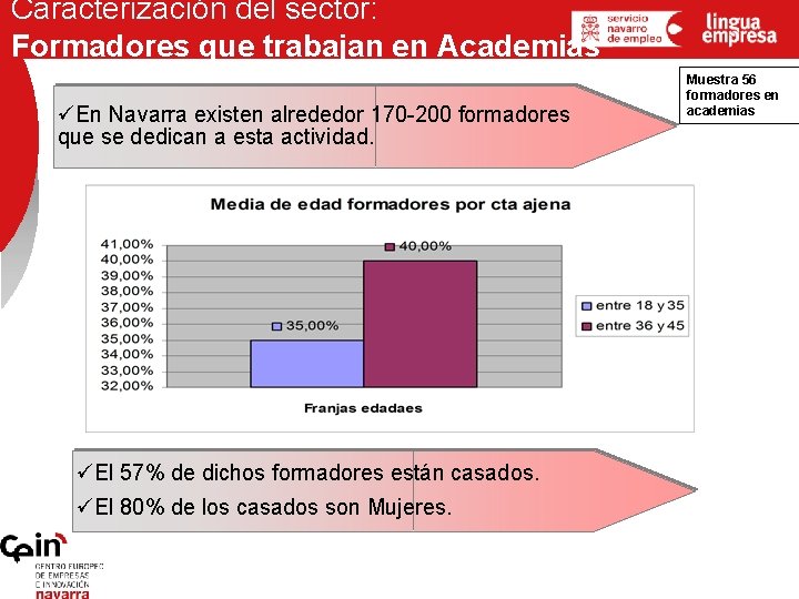 Caracterización del sector: Formadores que trabajan en Academias üEn Navarra existen alrededor 170 -200