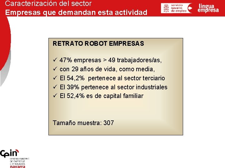 Caracterización del sector Empresas que demandan esta actividad RETRATO ROBOT EMPRESAS ü 47% empresas Caracterización del sector Empresas que demandan esta actividad RETRATO ROBOT EMPRESAS ü 47% empresas