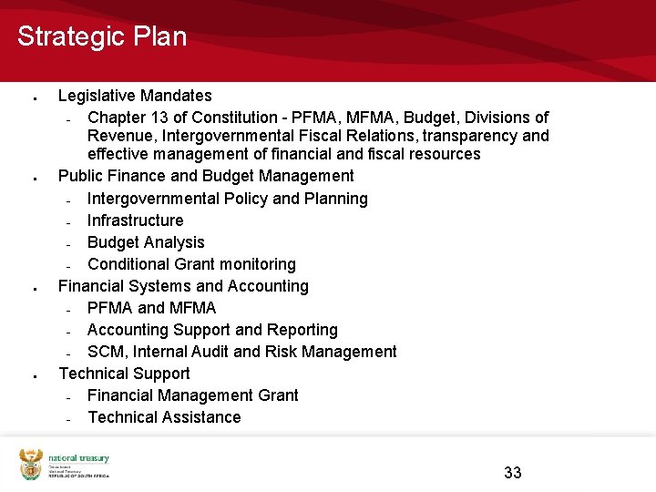 Strategic Plan Legislative Mandates Chapter 13 of Constitution - PFMA, MFMA, Budget, Divisions of Strategic Plan Legislative Mandates Chapter 13 of Constitution - PFMA, MFMA, Budget, Divisions of