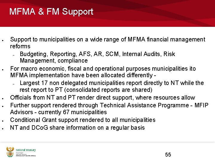 MFMA & FM Support to municipalities on a wide range of MFMA financial management MFMA & FM Support to municipalities on a wide range of MFMA financial management