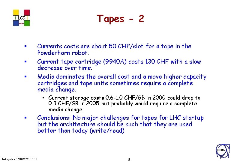 LCG § § § Tapes - 2 Currents costs are about 50 CHF/slot for