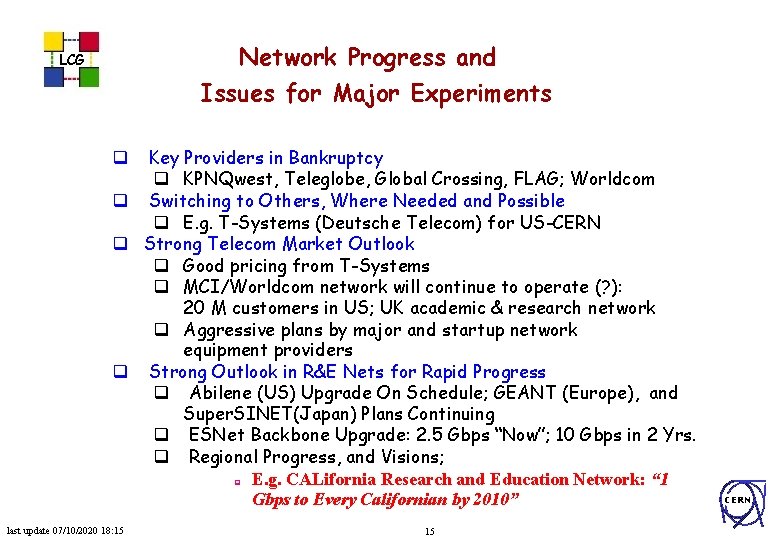 Network Progress and LCG Issues for Major Experiments Key Providers in Bankruptcy q KPNQwest,