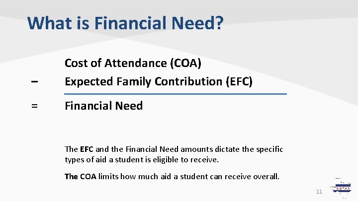 What is Financial Need? – Cost of Attendance (COA) Expected Family Contribution (EFC) = What is Financial Need? – Cost of Attendance (COA) Expected Family Contribution (EFC) =
