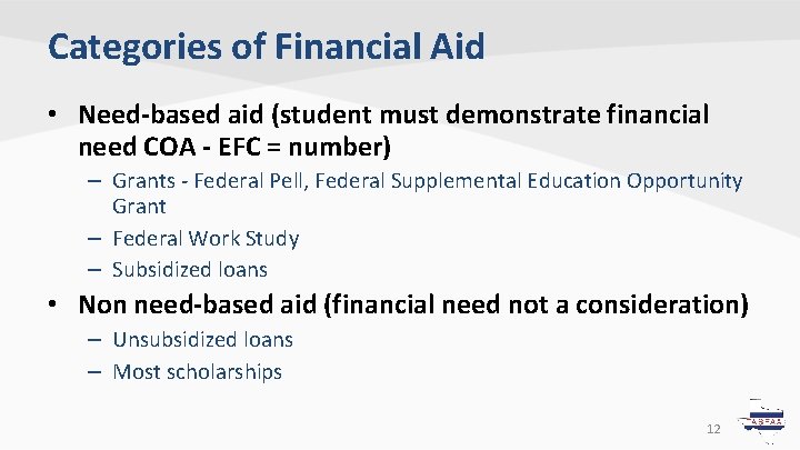 Categories of Financial Aid • Need-based aid (student must demonstrate financial need COA - Categories of Financial Aid • Need-based aid (student must demonstrate financial need COA -