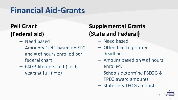 Financial Aid-Grants Pell Grant (Federal aid) – Need based – Amounts “set” based on Financial Aid-Grants Pell Grant (Federal aid) – Need based – Amounts “set” based on