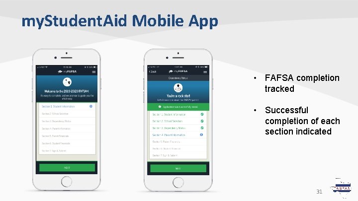 my. Student. Aid Mobile App • FAFSA completion tracked • Successful completion of each my. Student. Aid Mobile App • FAFSA completion tracked • Successful completion of each