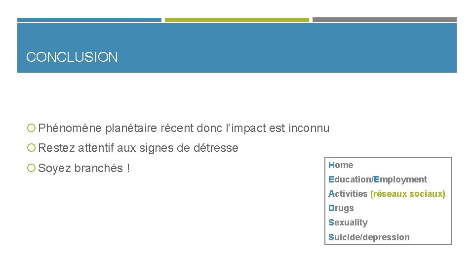 CONCLUSION Phénomène planétaire récent donc l’impact est inconnu Restez attentif aux signes de détresse