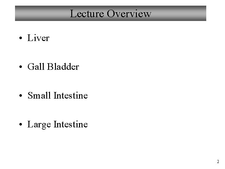 Lecture Overview • Liver • Gall Bladder • Small Intestine • Large Intestine 2
