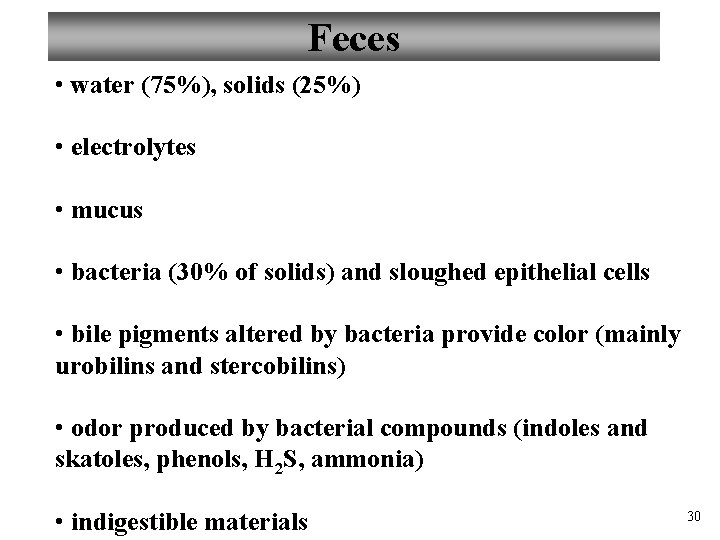 Feces • water (75%), solids (25%) • electrolytes • mucus • bacteria (30% of
