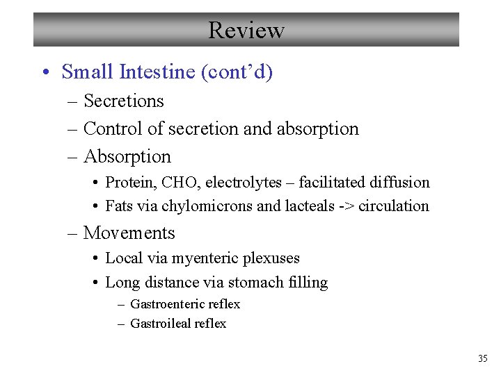 Review • Small Intestine (cont’d) – Secretions – Control of secretion and absorption –