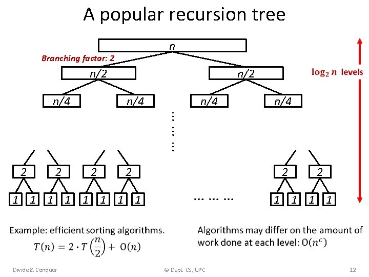 A popular recursion tree n Branching factor: 2 n/4 n/2 n/4 n/4 … …