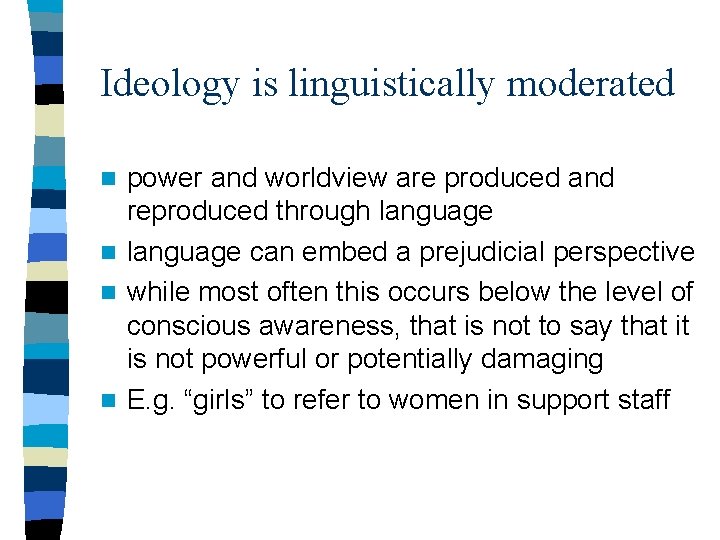Ideology is linguistically moderated power and worldview are produced and reproduced through language n