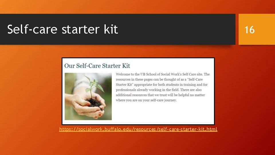 Self-care starter kit https: //socialwork. buffalo. edu/resources/self-care-starter-kit. html 16 
