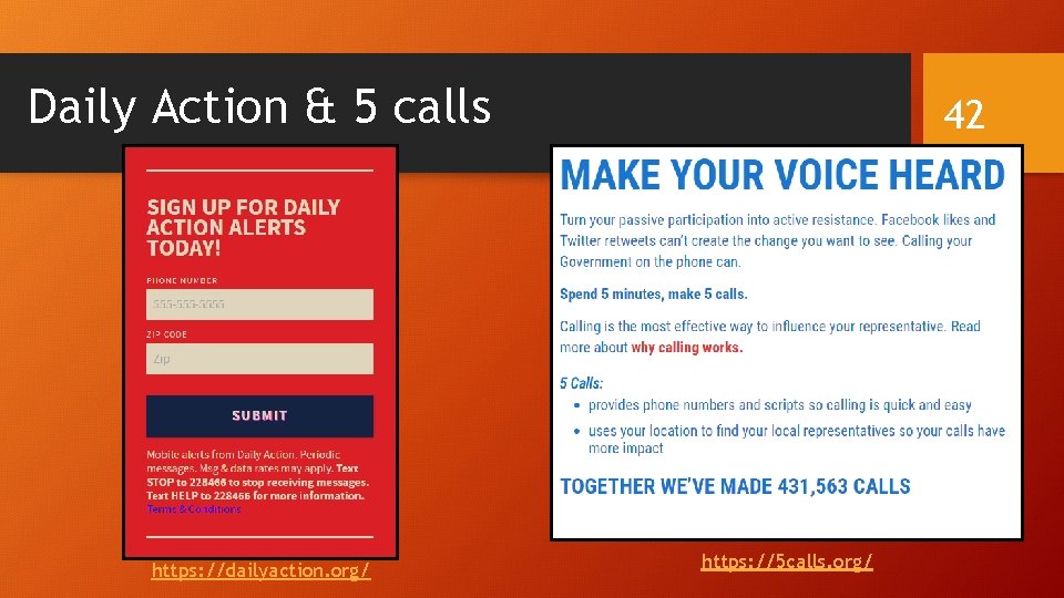 Daily Action & 5 calls https: //dailyaction. org/ 42 https: //5 calls. org/ 