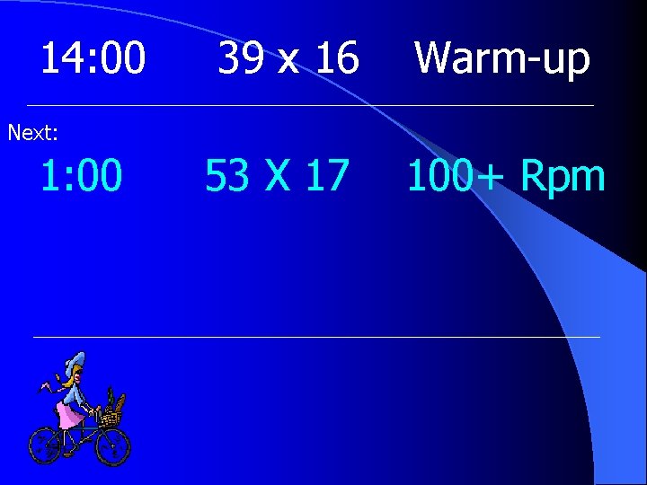14: 00 39 x 16 Warm-up 53 X 17 100+ Rpm Next: 1: 00
