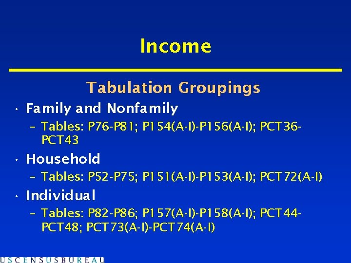 Income Tabulation Groupings • Family and Nonfamily – Tables: P 76 -P 81; P