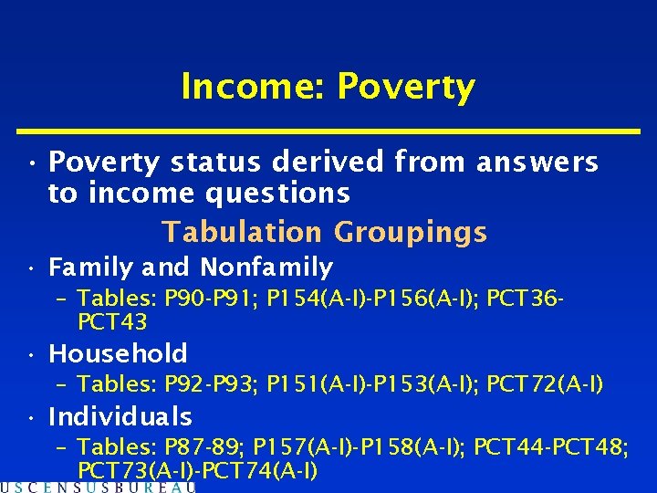 Income: Poverty • Poverty status derived from answers to income questions Tabulation Groupings •