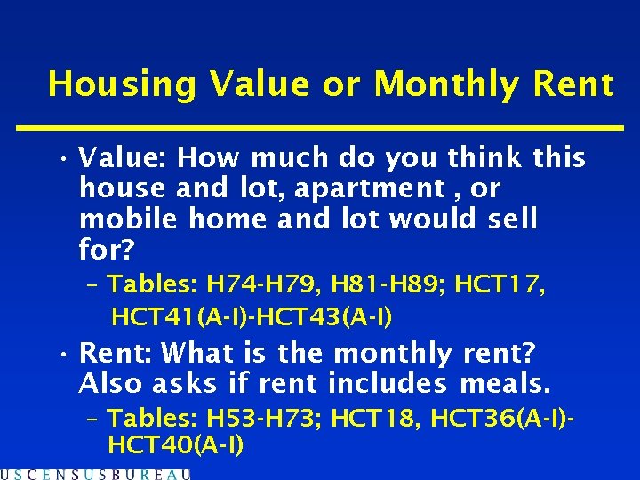 Housing Value or Monthly Rent • Value: How much do you think this house