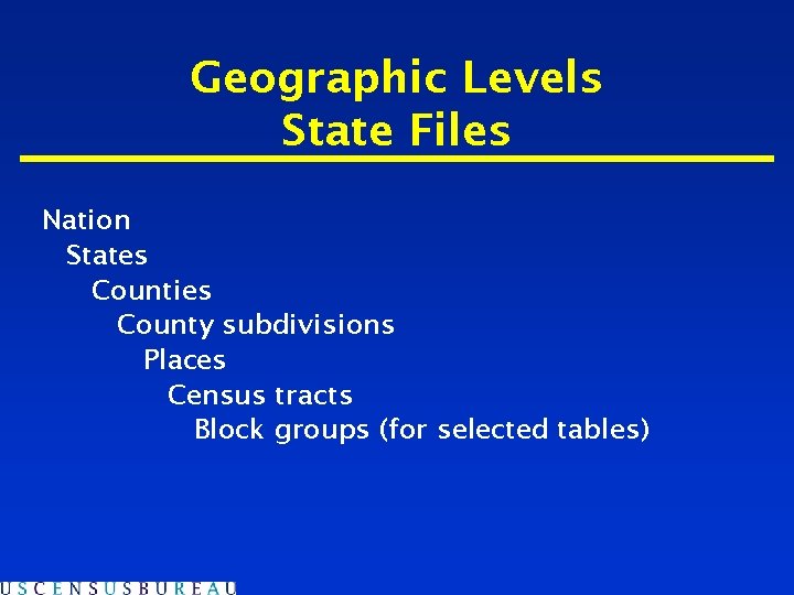 Geographic Levels State Files Nation States Counties County subdivisions Places Census tracts Block groups