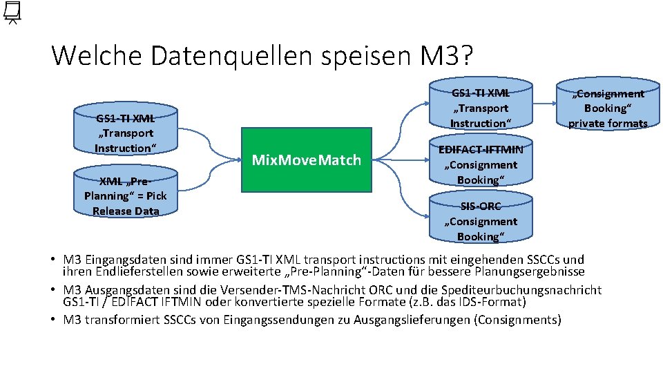 Welche Datenquellen speisen M 3? GS 1 -TI XML „Transport Instruction“ XML „Pre. Planning“