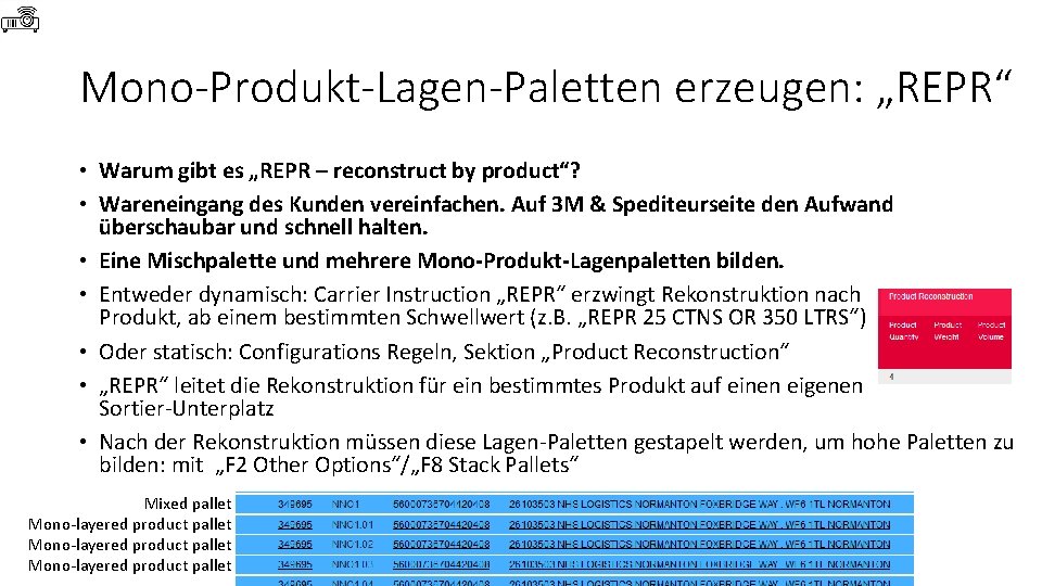 Mono-Produkt-Lagen-Paletten erzeugen: „REPR“ • Warum gibt es „REPR – reconstruct by product“? • Wareneingang