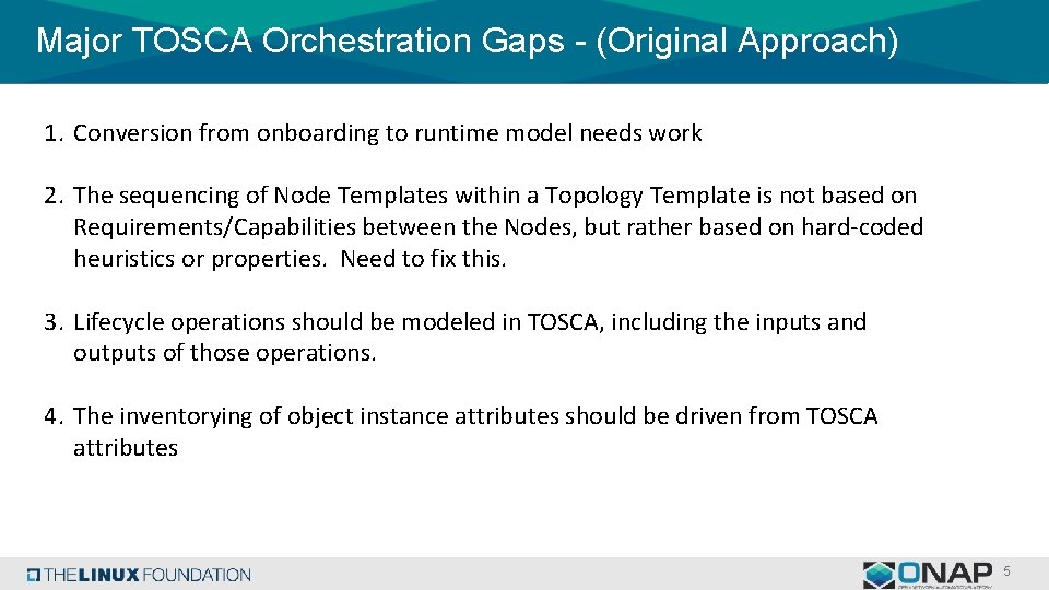 Major TOSCA Orchestration Gaps - (Original Approach) 1. Conversion from onboarding to runtime model