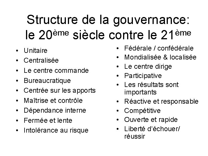 Structure de la gouvernance: le 20ème siècle contre le 21ème • • • Unitaire