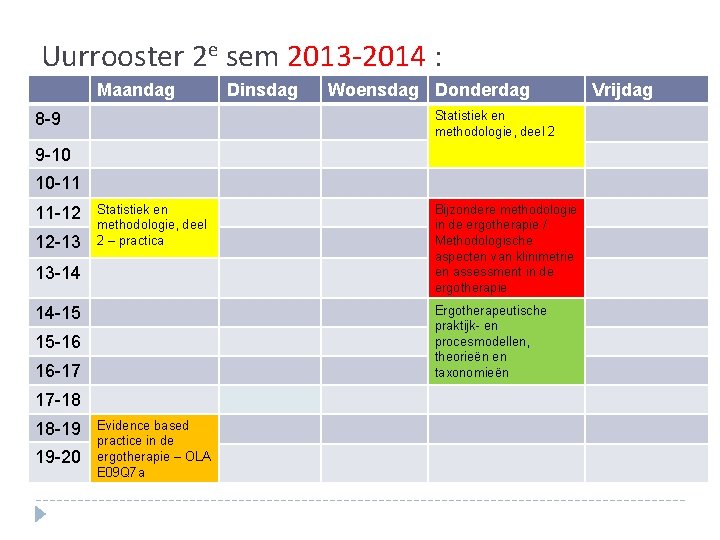 Uurrooster 2 e sem 2013 -2014 : Maandag Dinsdag Woensdag Donderdag Statistiek en methodologie, Uurrooster 2 e sem 2013 -2014 : Maandag Dinsdag Woensdag Donderdag Statistiek en methodologie,