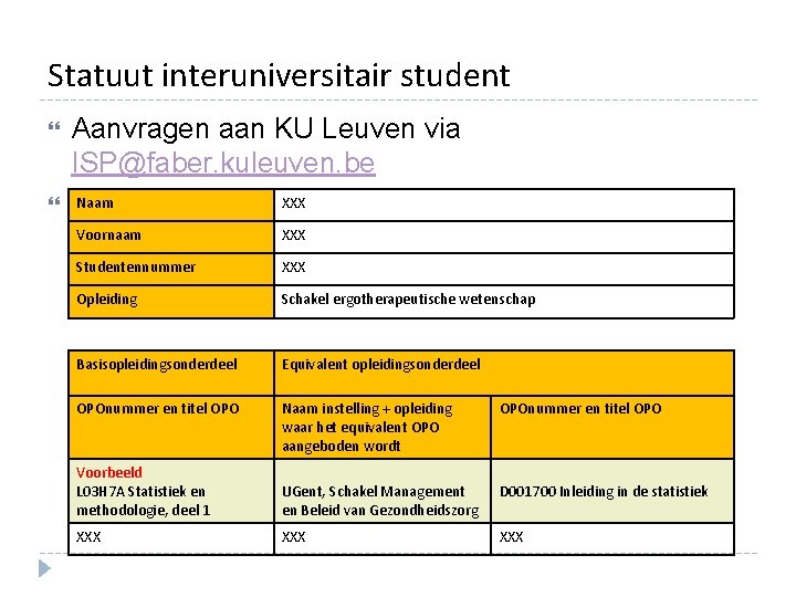 Statuut interuniversitair student Aanvragen aan KU Leuven via ISP@faber. kuleuven. be Naam XXX Vermelden Statuut interuniversitair student Aanvragen aan KU Leuven via ISP@faber. kuleuven. be Naam XXX Vermelden
