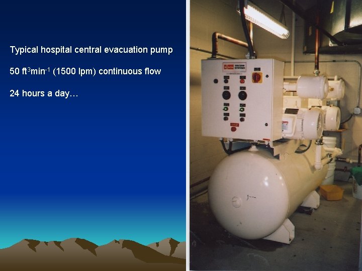 Typical hospital central evacuation pump 50 ft 3 min-1 (1500 lpm) continuous flow 24