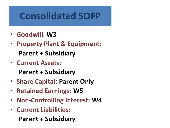Consolidated SOFP • Goodwill: W 3 • Property Plant & Equipment: Parent + Subsidiary