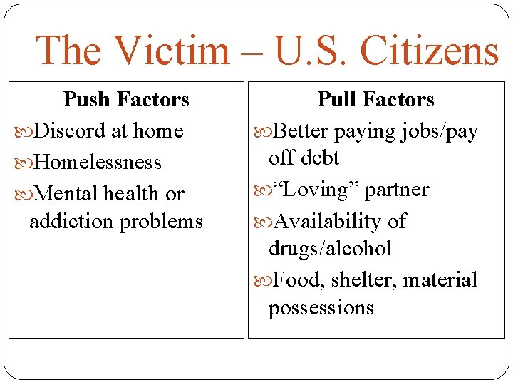 The Victim – U. S. Citizens Push Factors Discord at home Homelessness Mental health