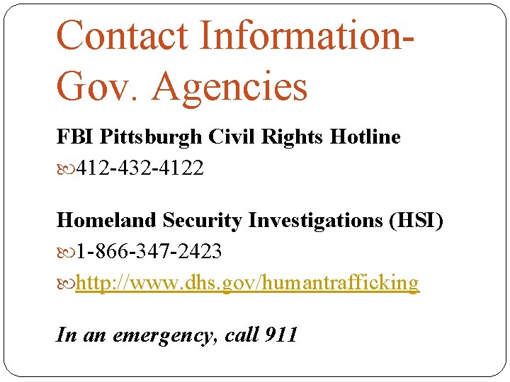 Contact Information. Gov. Agencies FBI Pittsburgh Civil Rights Hotline 412 -432 -4122 Homeland Security