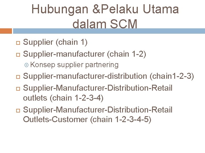 Hubungan &Pelaku Utama dalam SCM Supplier (chain 1) Supplier-manufacturer (chain 1 -2) Konsep supplier