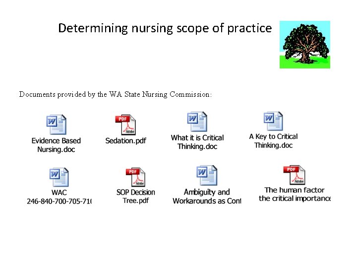 Determining nursing scope of practice Documents provided by the WA State Nursing Commission: 