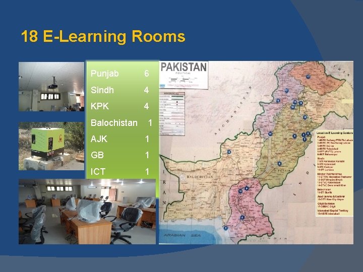 18 E-Learning Rooms Punjab 6 Sindh 4 KPK 4 Balochistan 1 AJK 1 GB