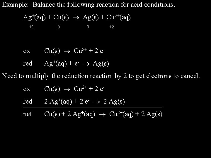 Example: Balance the following reaction for acid conditions. Ag+(aq) + Cu(s) Ag(s) + Cu