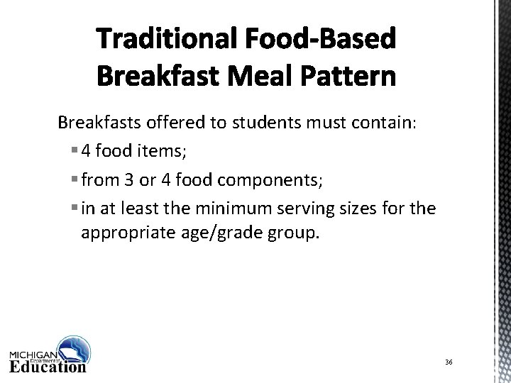 Breakfasts offered to students must contain: § 4 food items; § from 3 or